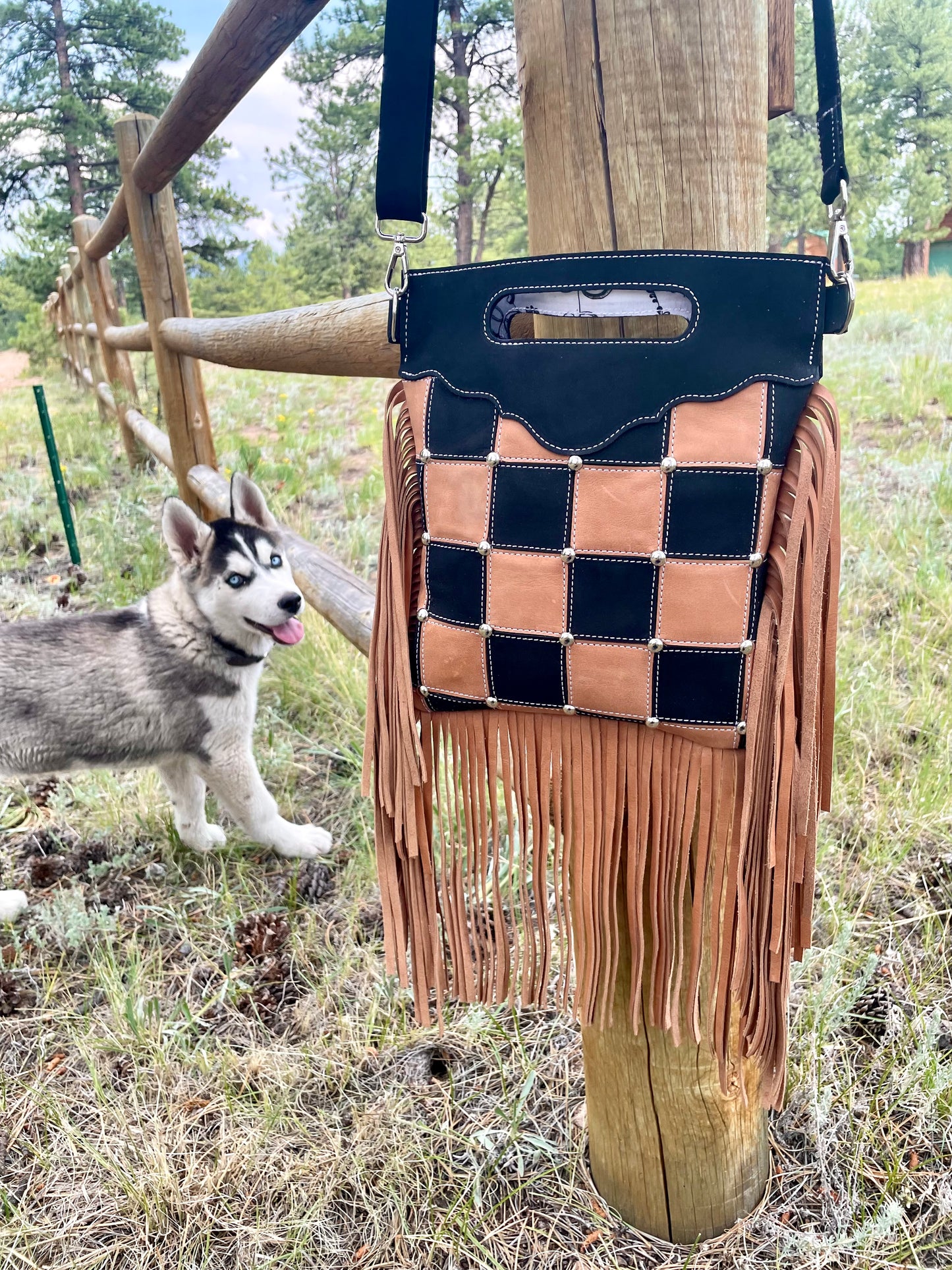 Brown and Black Checkered Leather Crossbody With Fringe