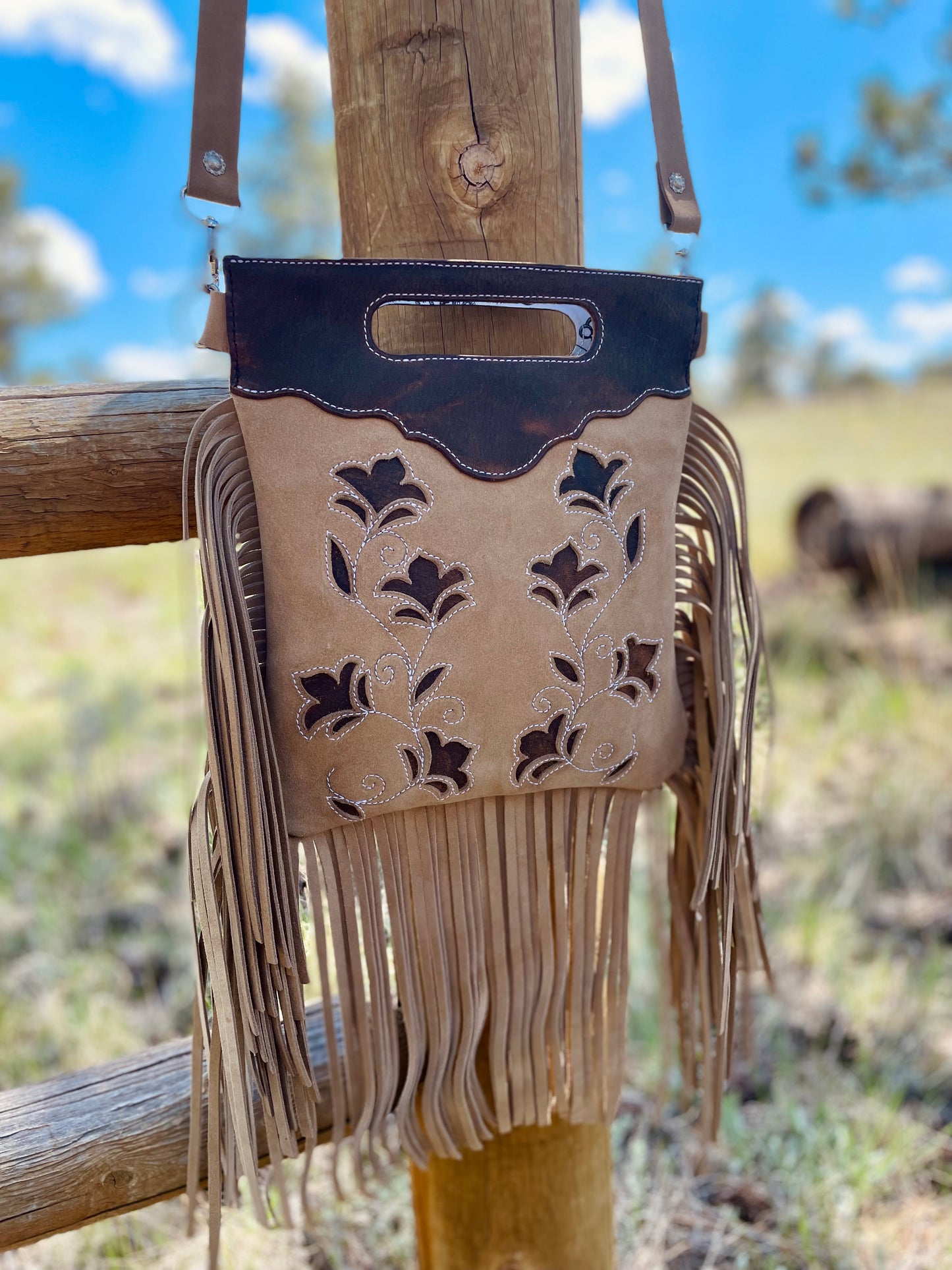 Beige & Brown Suede Crossbody Purse With Fringe