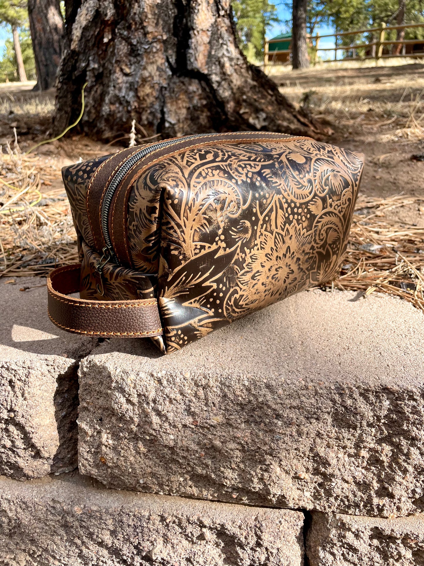 Brown Embossed Floral Leather Dopp Kit/ Makeup Bag - Ready to Ship!