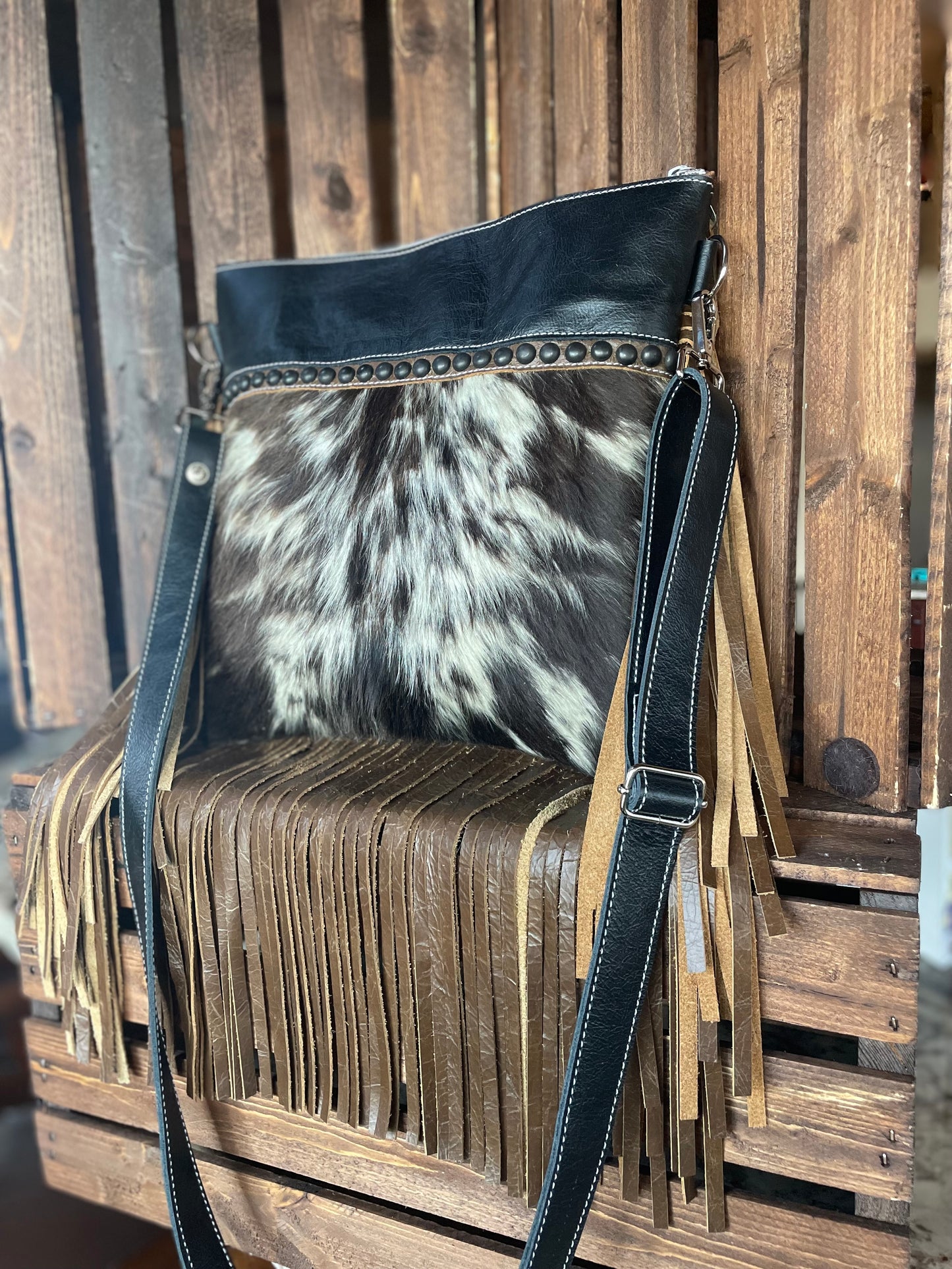 Yuma Crossbody With Fringe - Black and White Cowhide #18
