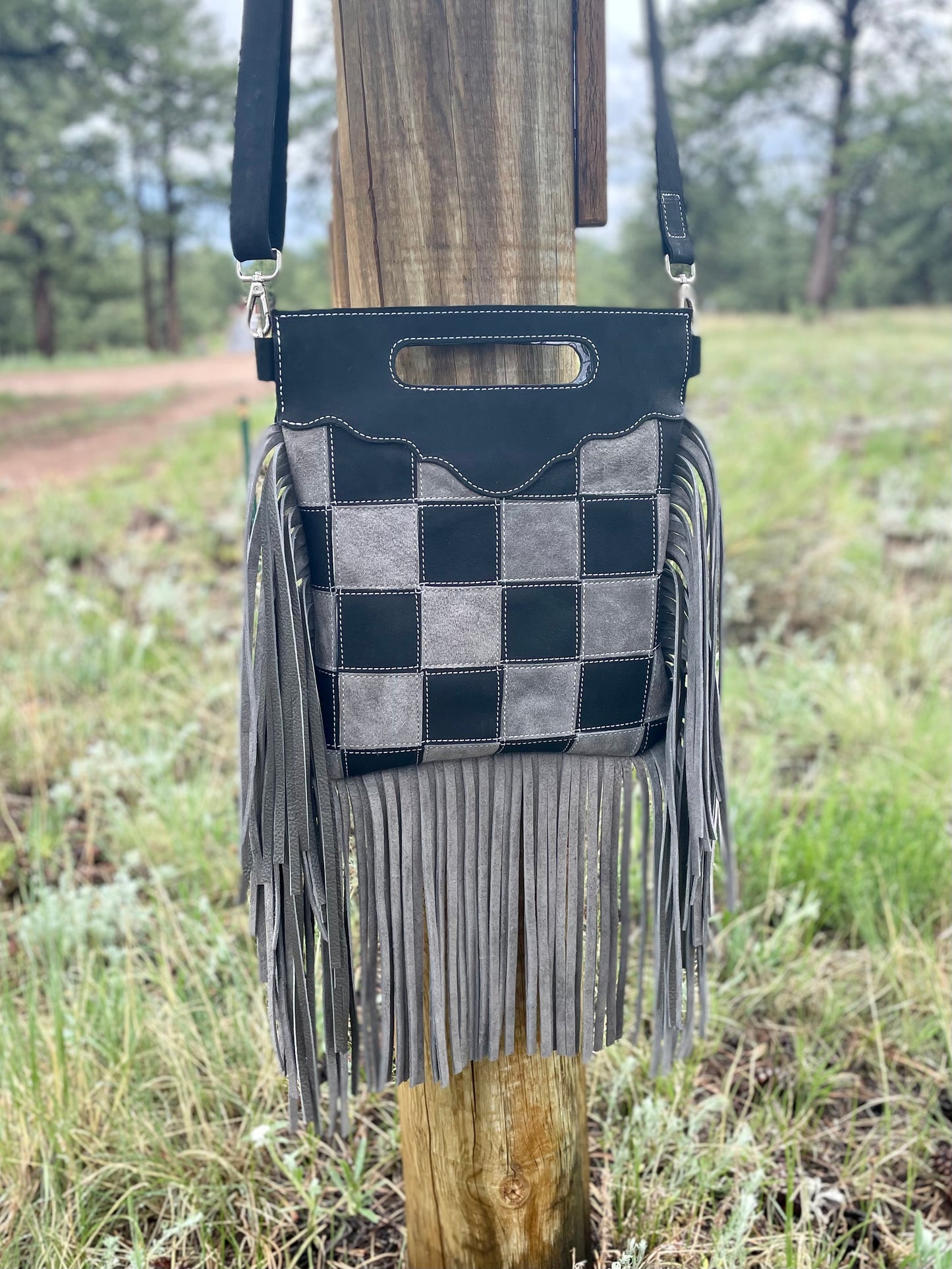 Gray and Black Suede Checkered Bag With Fringe