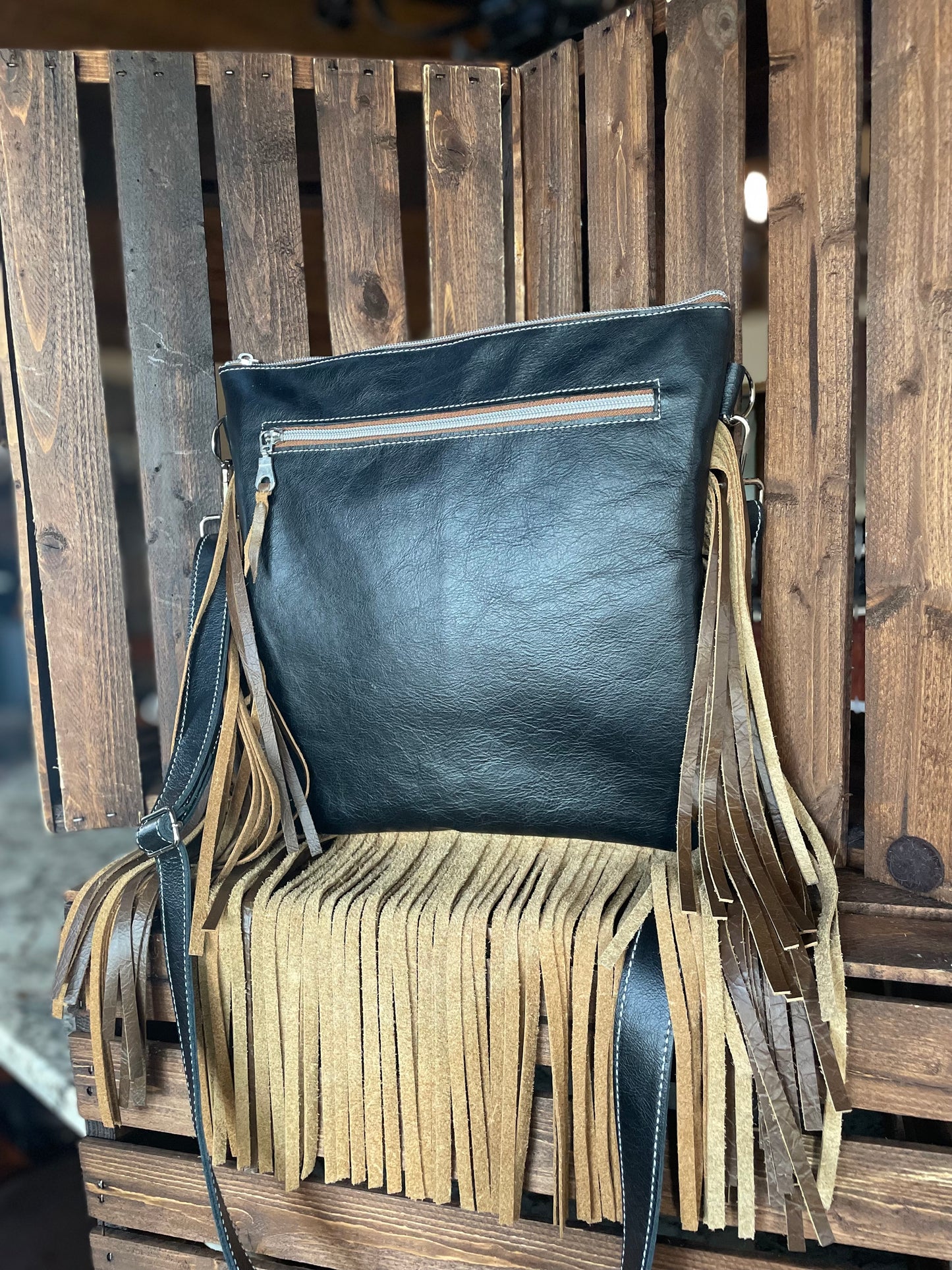 Yuma Crossbody With Fringe - Black and White Cowhide #18