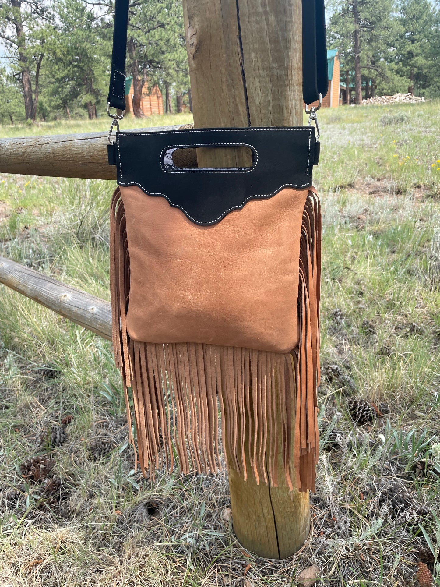 Brown and Black Checkered Leather Crossbody With Fringe