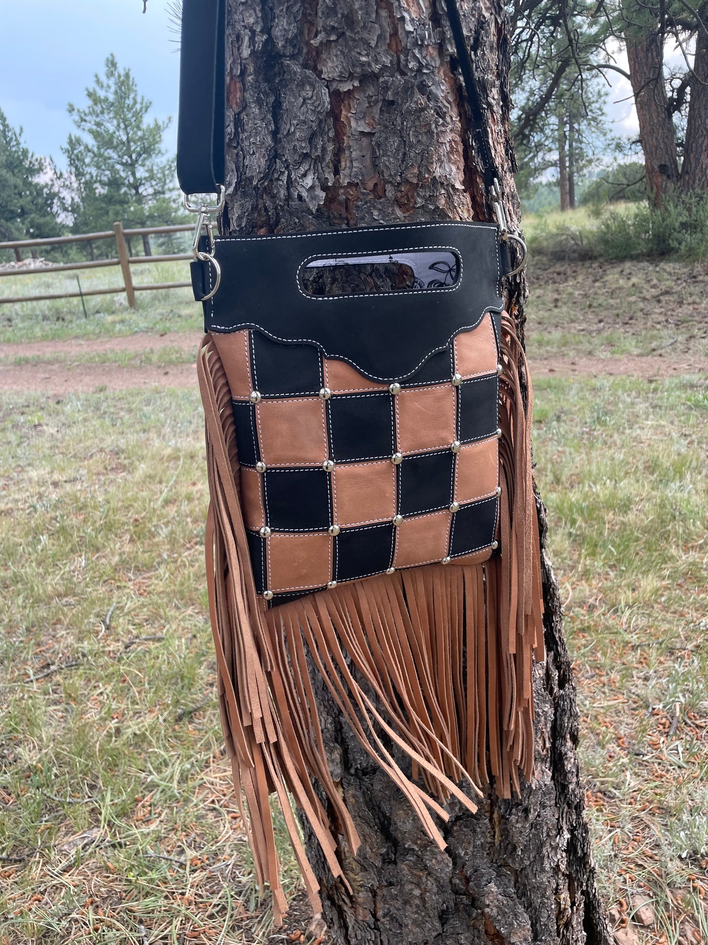 Brown and Black Checkered Leather Crossbody With Fringe