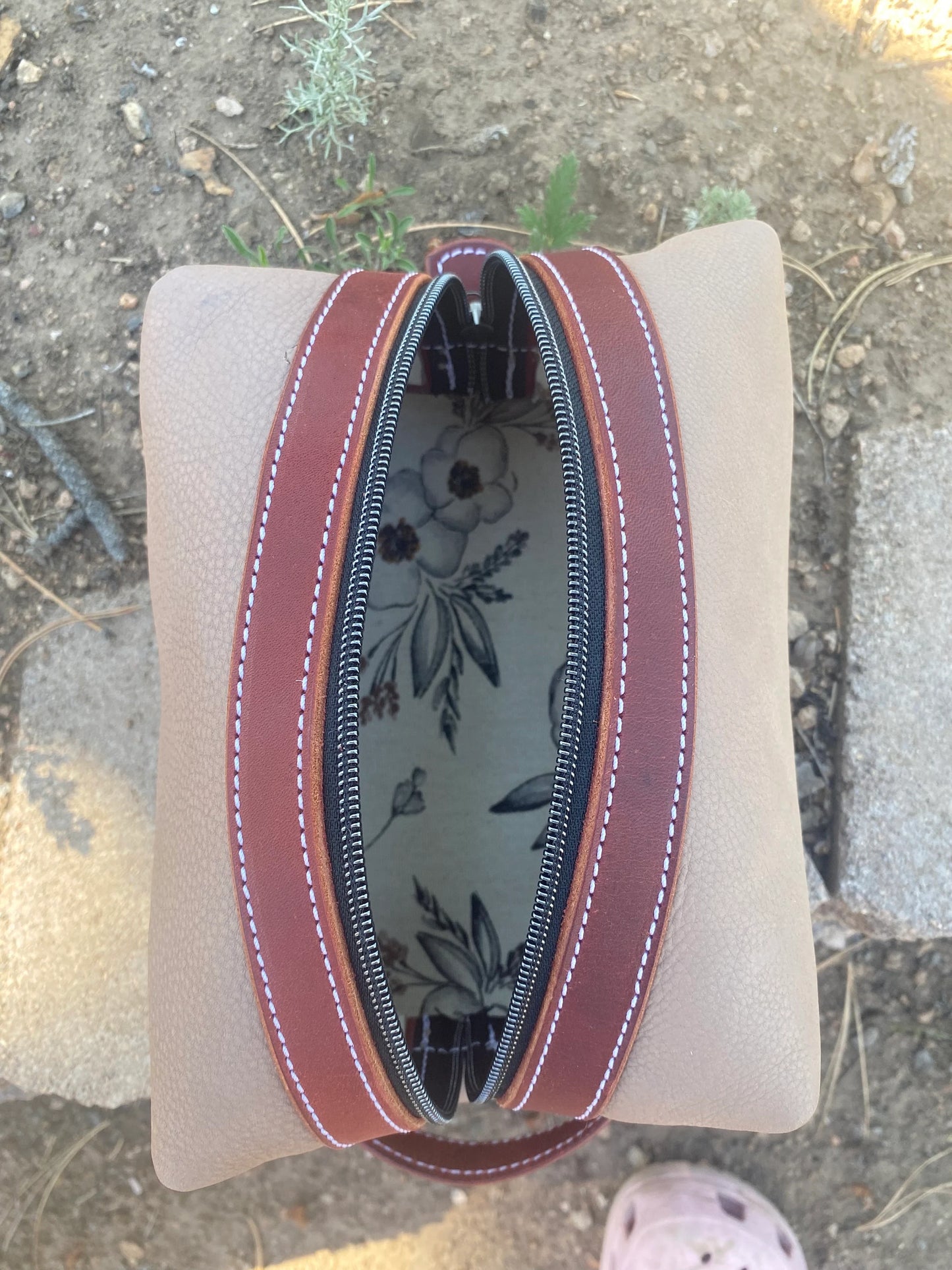 Gender Neutral Beige and Burgundy Leather Dopp Kit