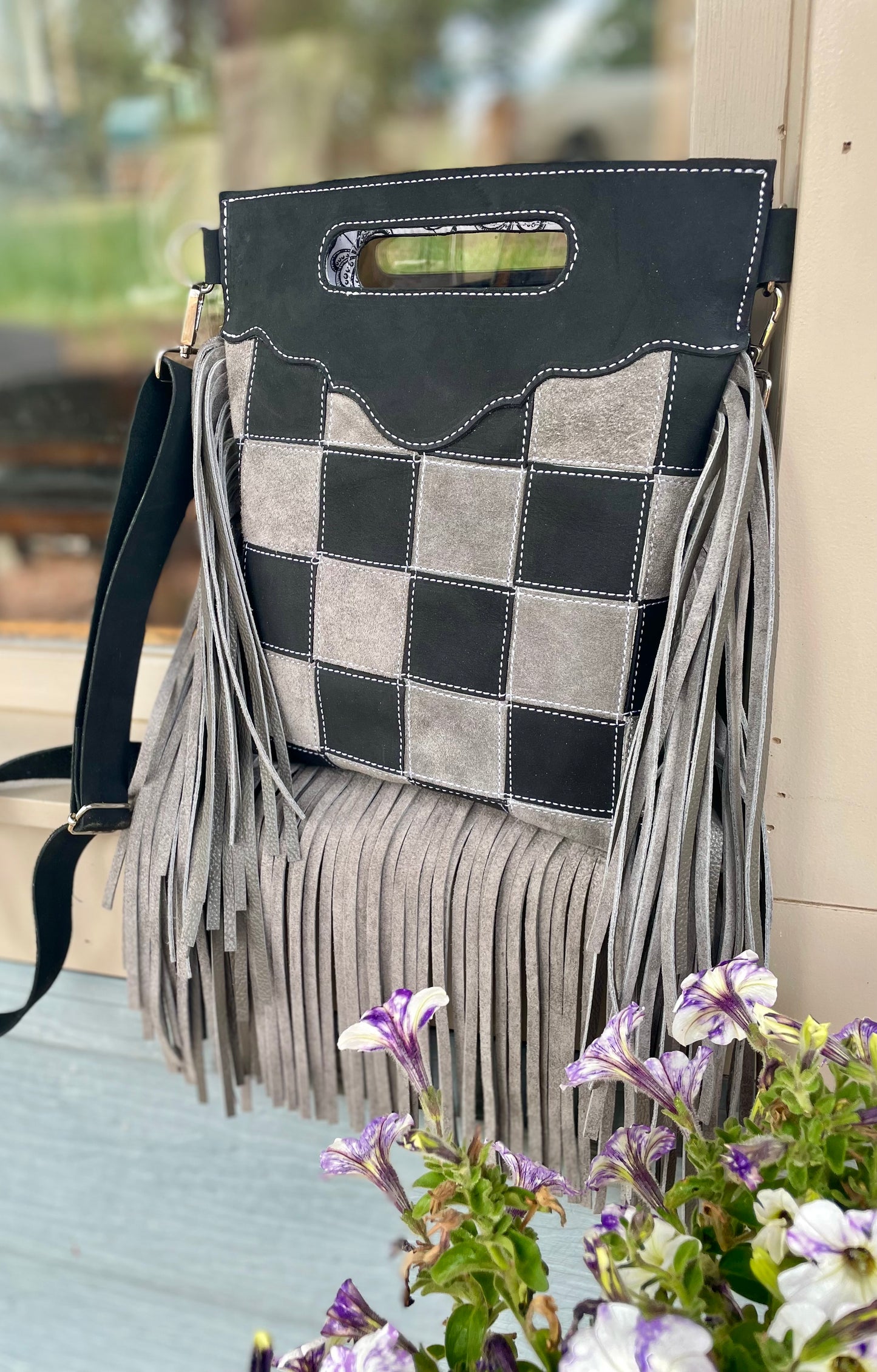 Gray and Black Suede Checkered Bag With Fringe