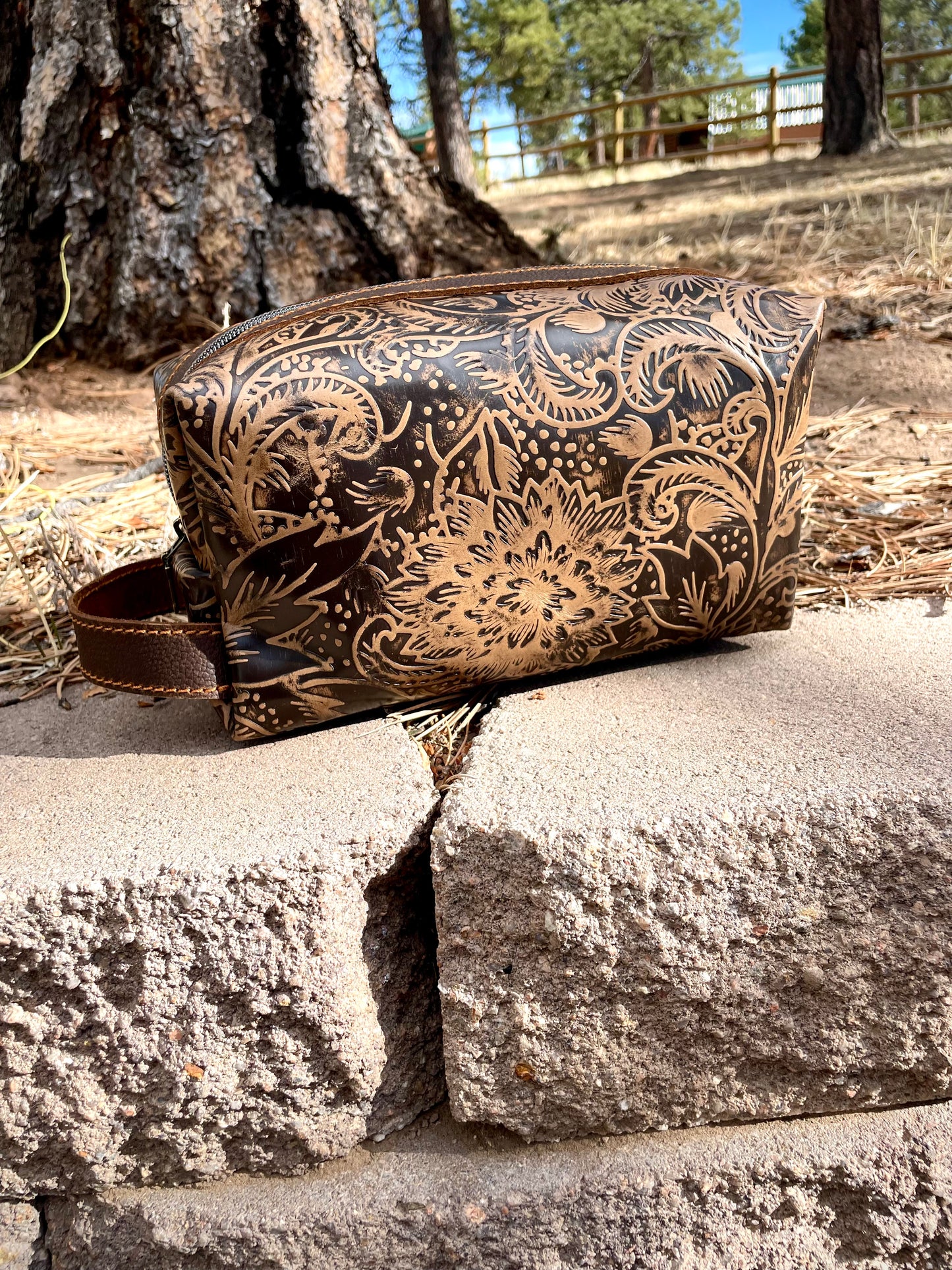 Brown Embossed Floral Leather Dopp Kit/ Makeup Bag - Ready to Ship!