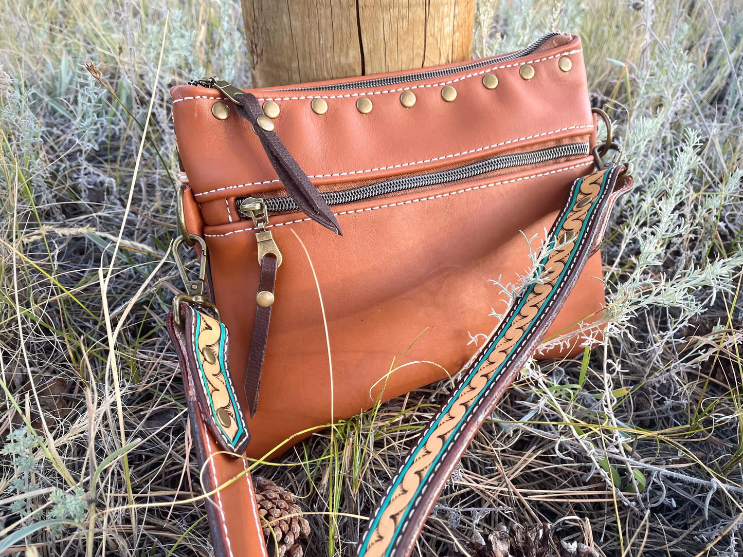 Crossbody Purse- Rust & Turquoise With Tooling