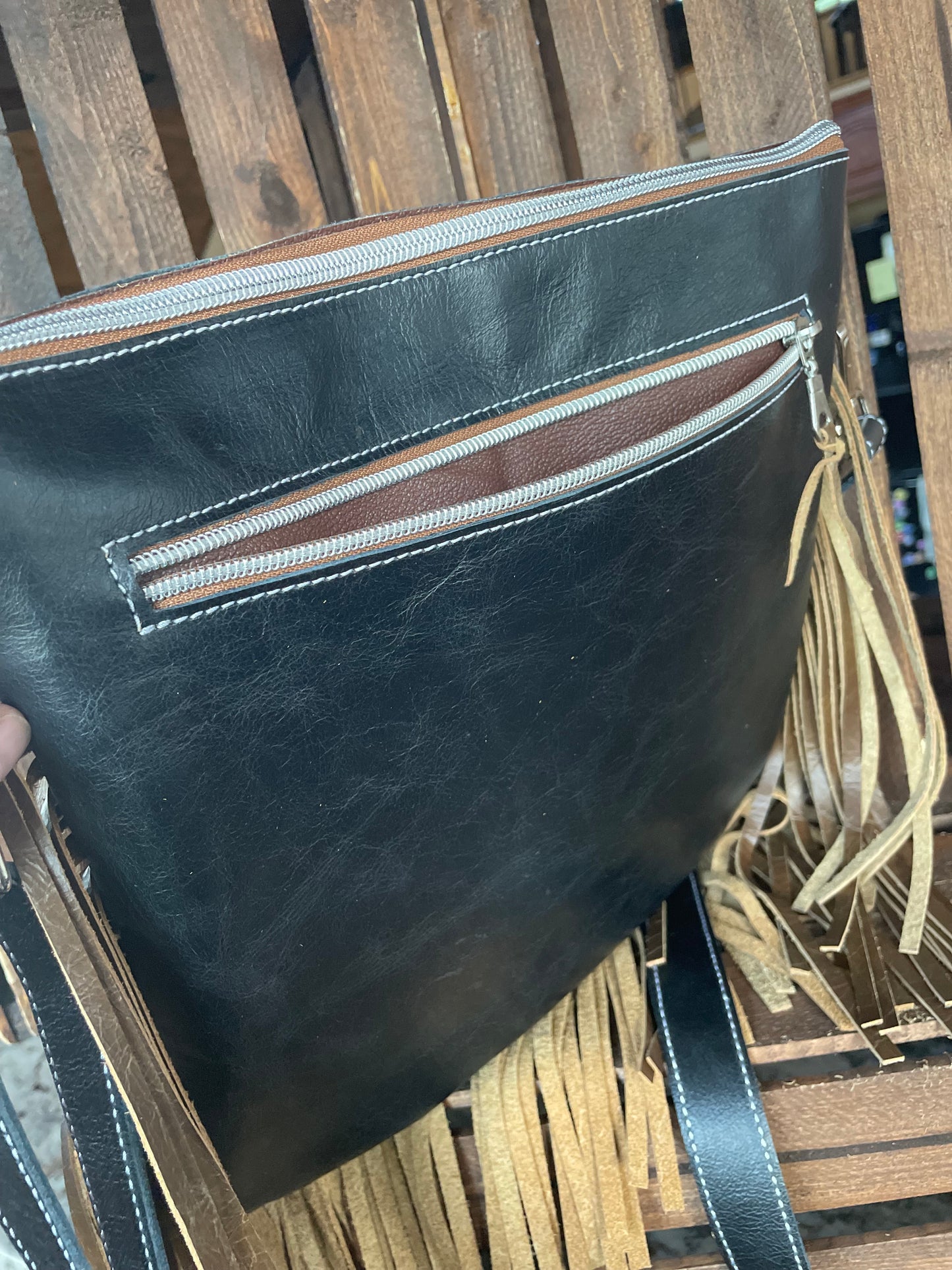 Yuma Crossbody With Fringe - Black and White Cowhide #18