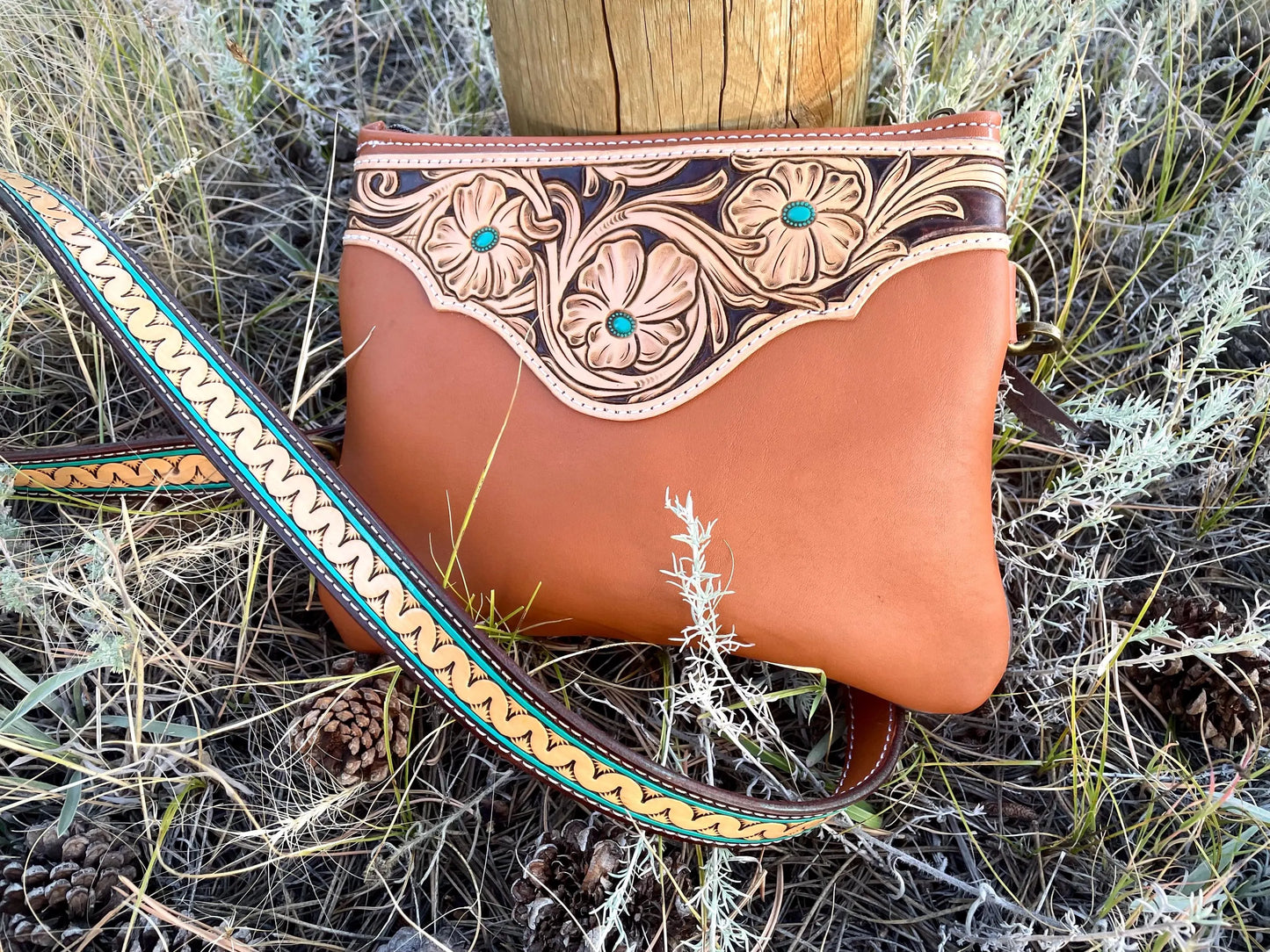 Crossbody Purse- Rust & Turquoise With Tooling