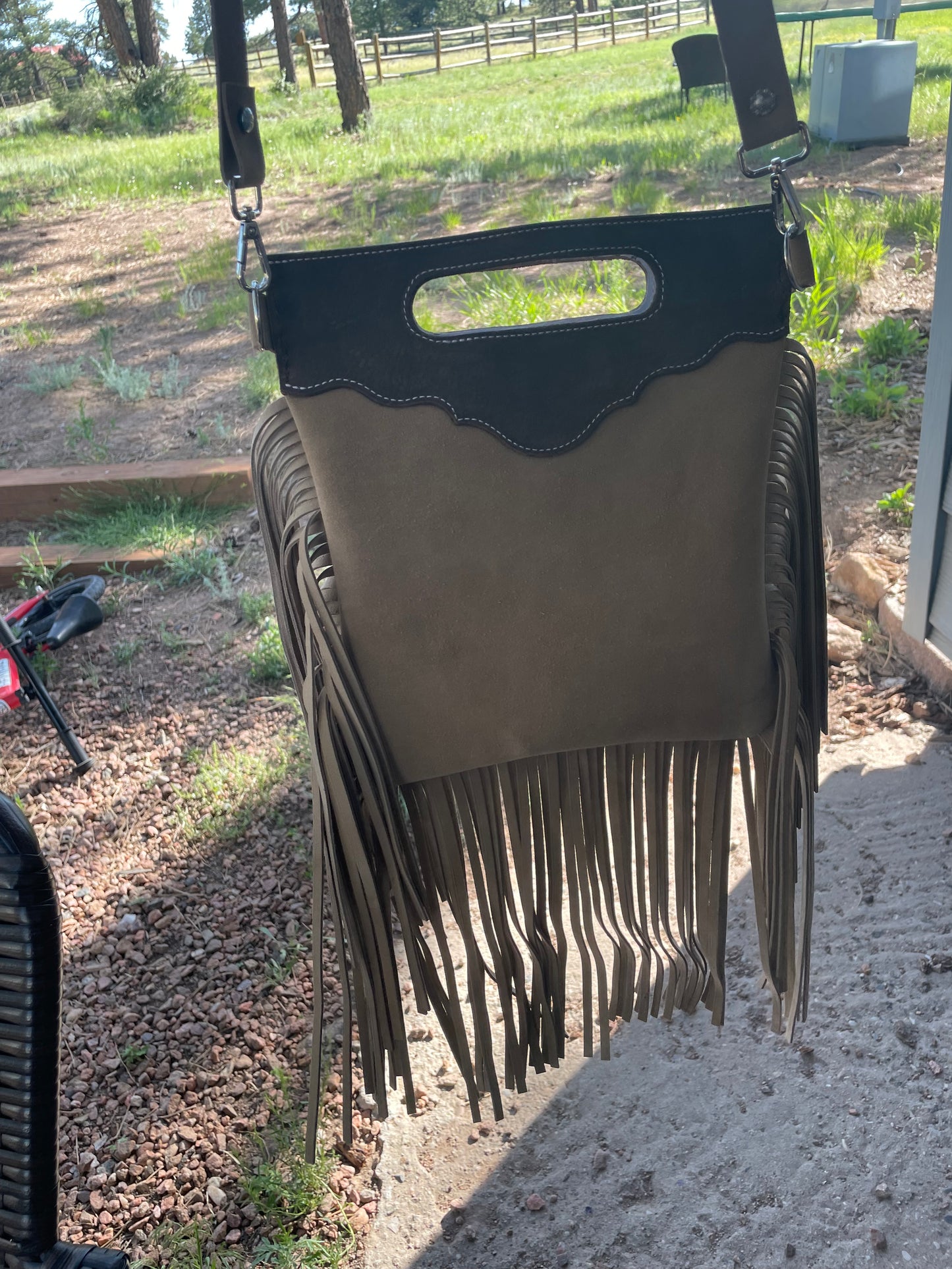 Beige & Brown Suede Crossbody Purse With Fringe
