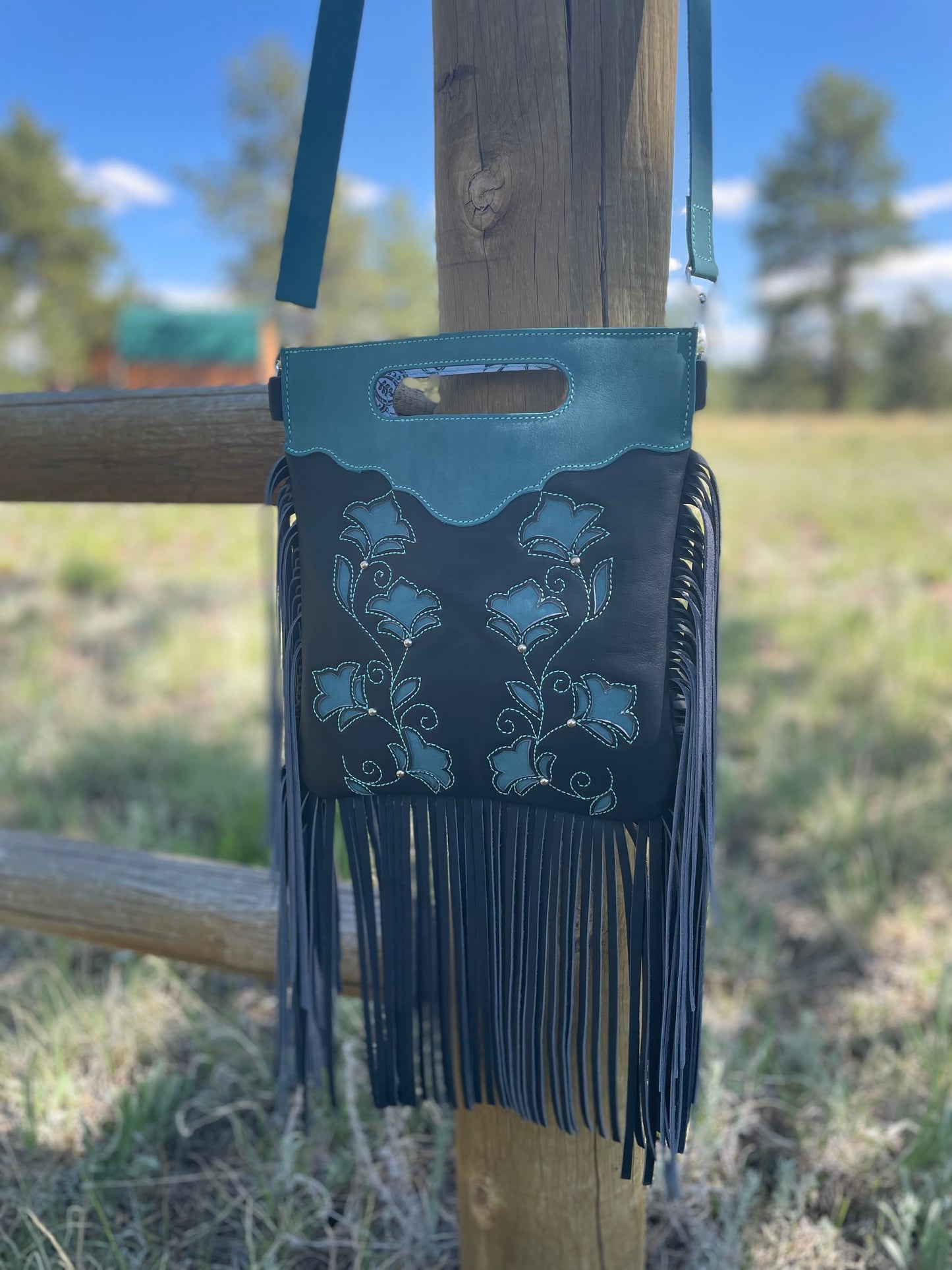Navy Blue and Turquoise Crossbody Purse With Fringe