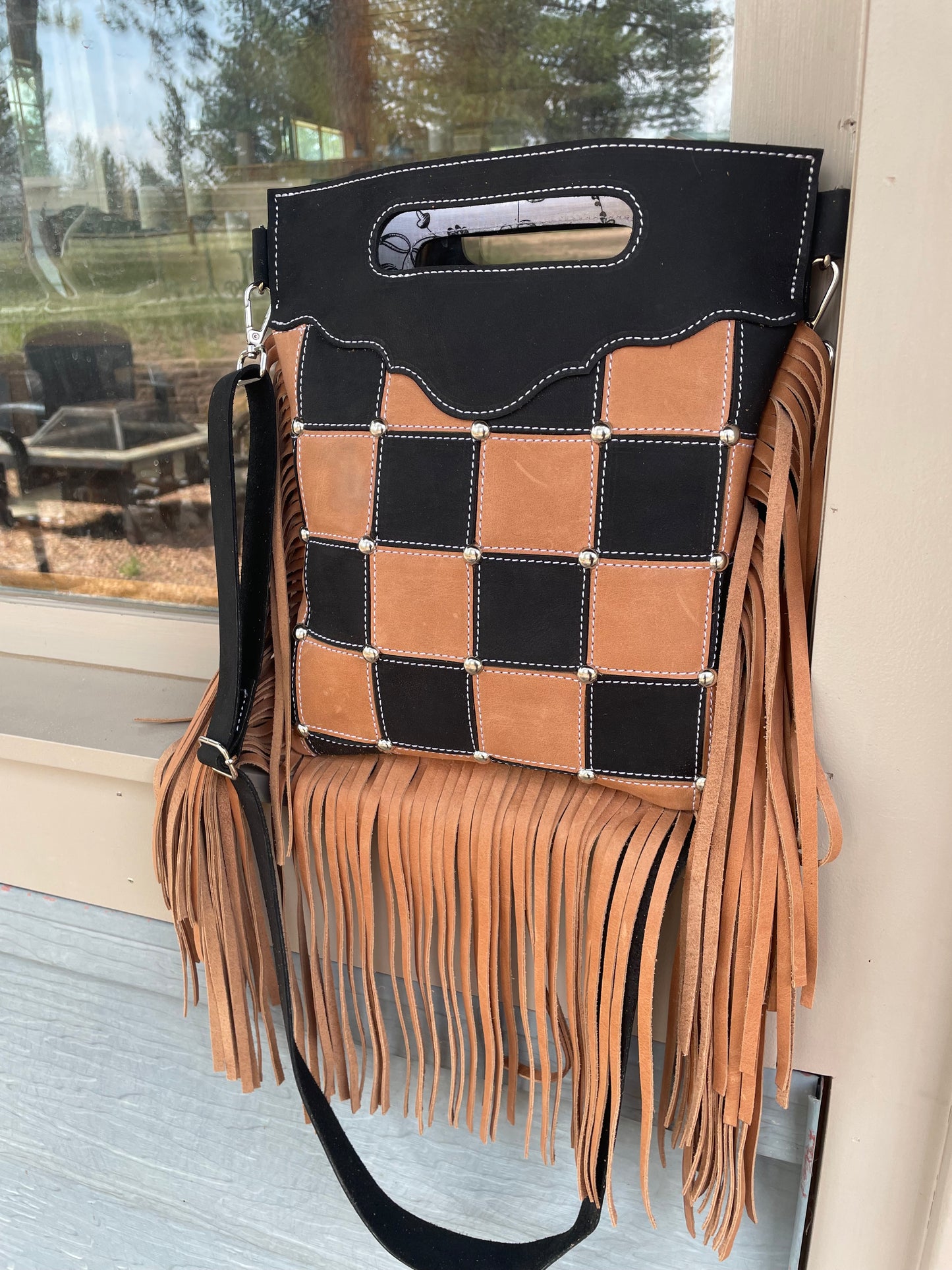 Brown and Black Checkered Leather Crossbody With Fringe
