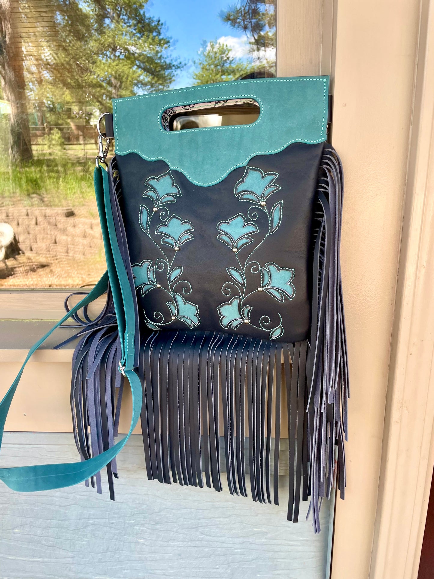 Navy Blue and Turquoise Crossbody Purse With Fringe