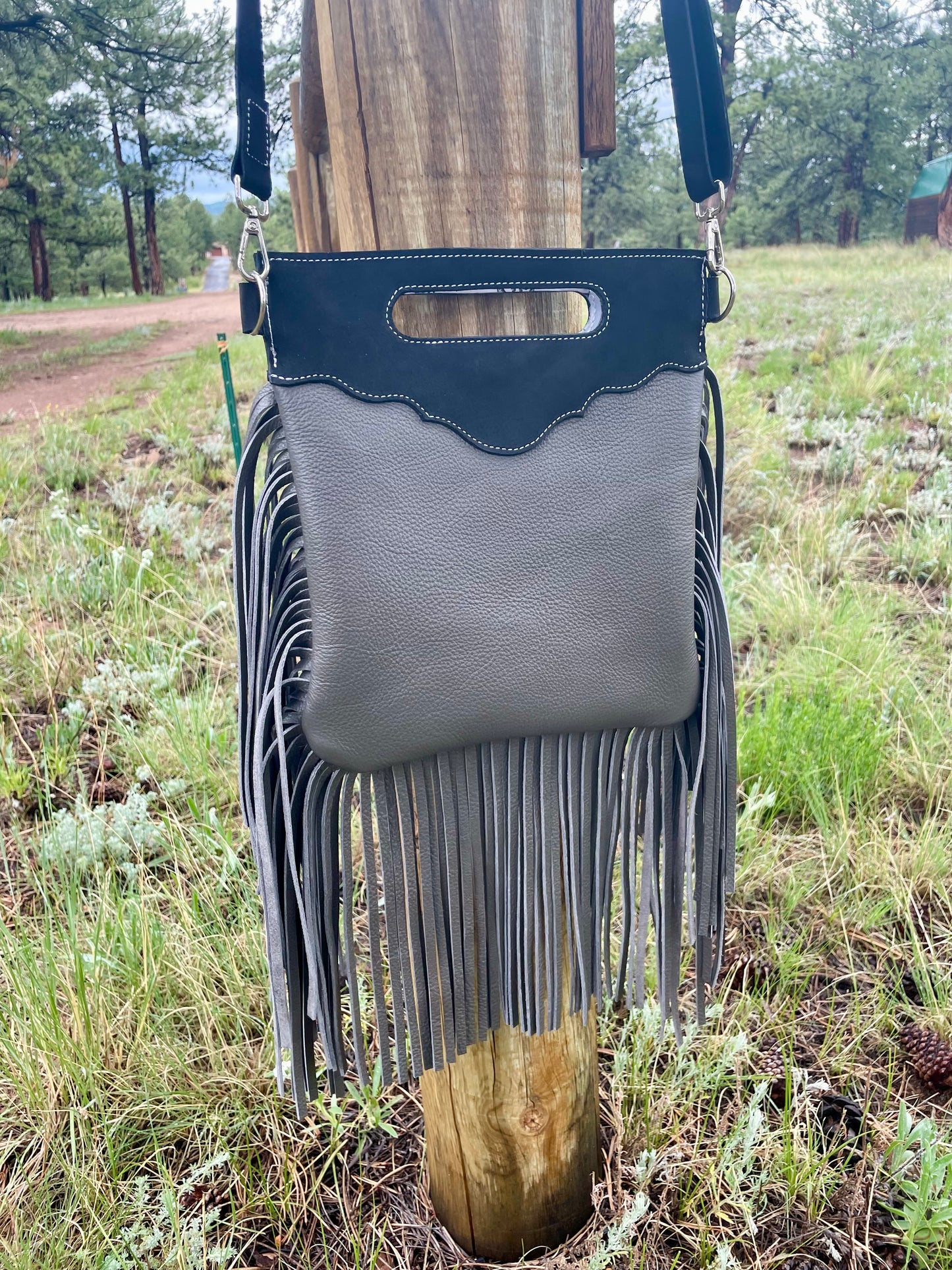 Gray and Black Suede Checkered Bag With Fringe