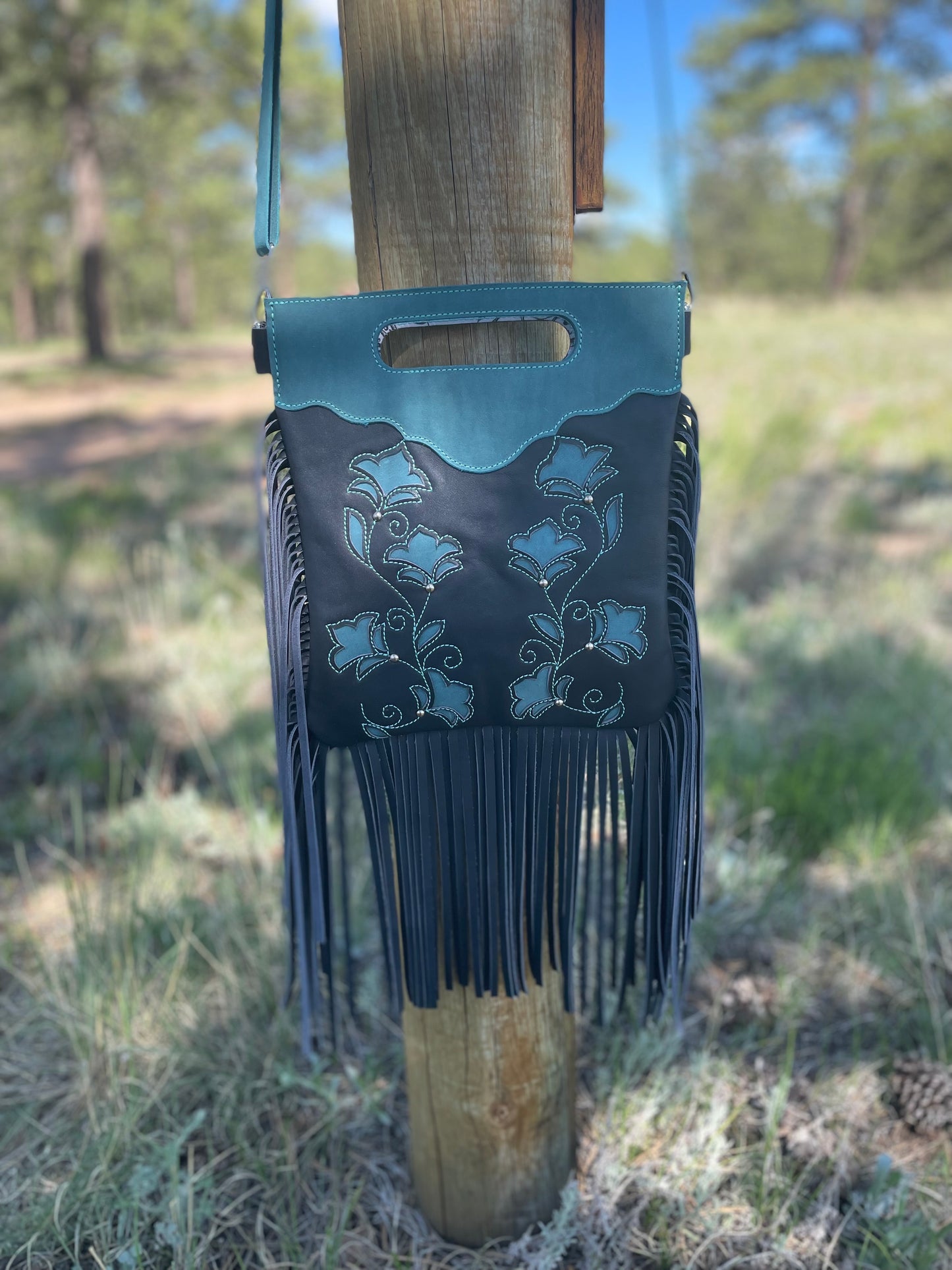 Navy Blue and Turquoise Crossbody Purse With Fringe