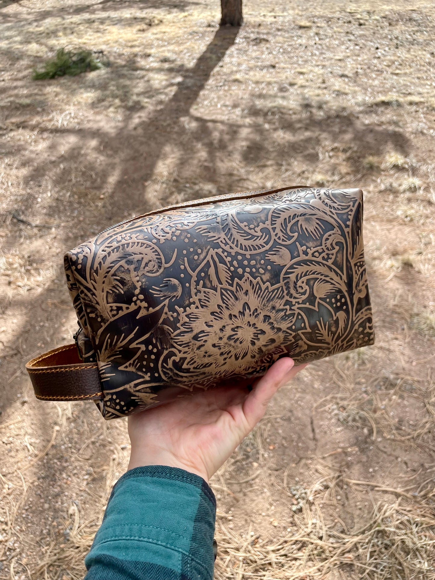 Brown Embossed Floral Leather Dopp Kit/ Makeup Bag - Ready to Ship!
