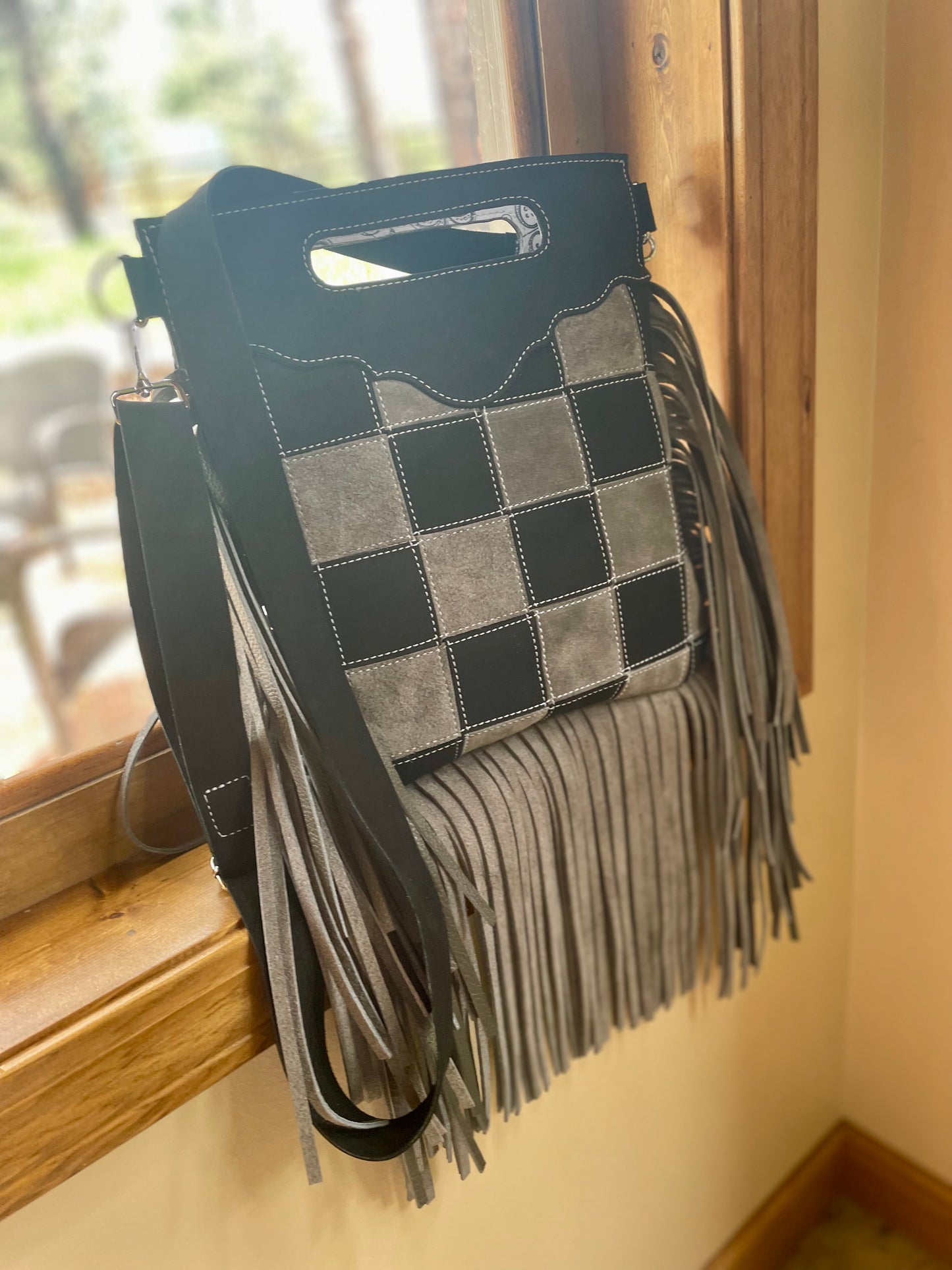 Gray and Black Suede Checkered Bag With Fringe