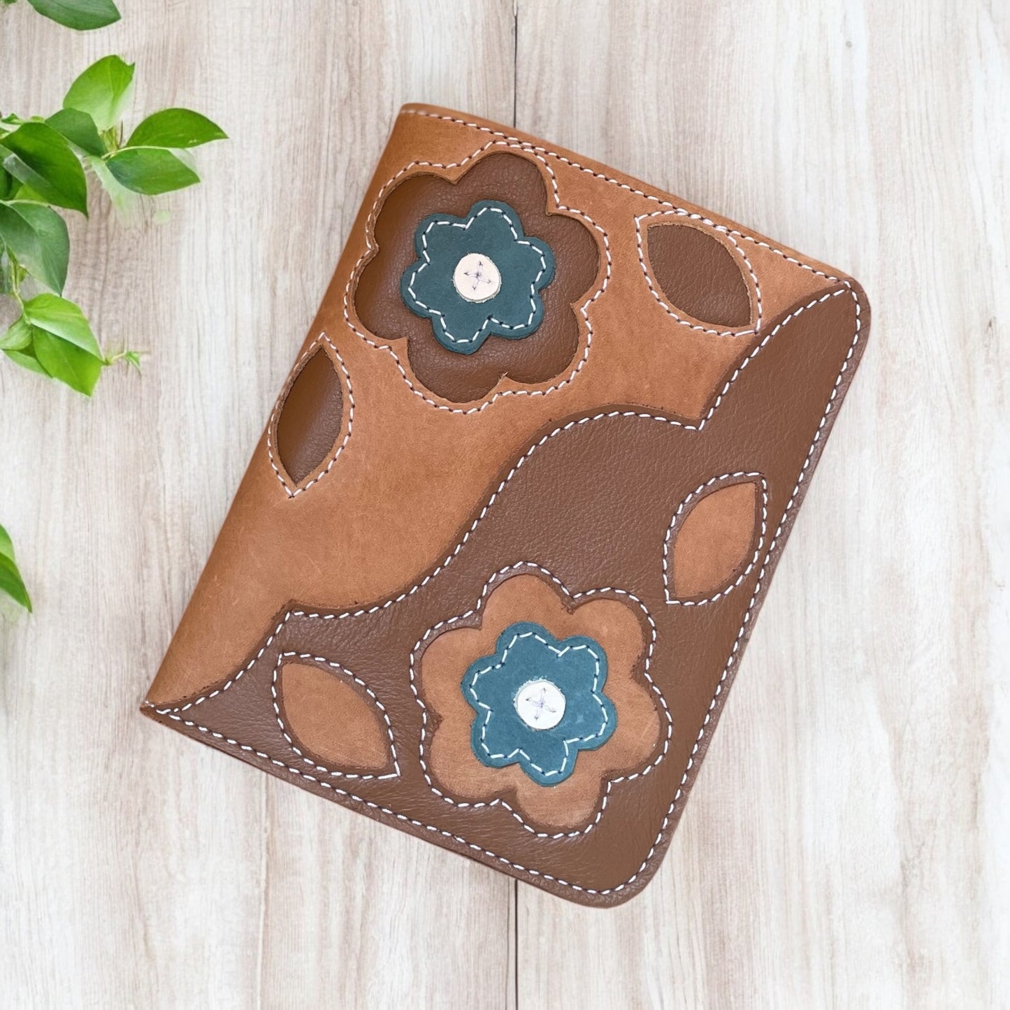 Brown and Turquoise Leather Floral Notebook Cover - Ready to Ship