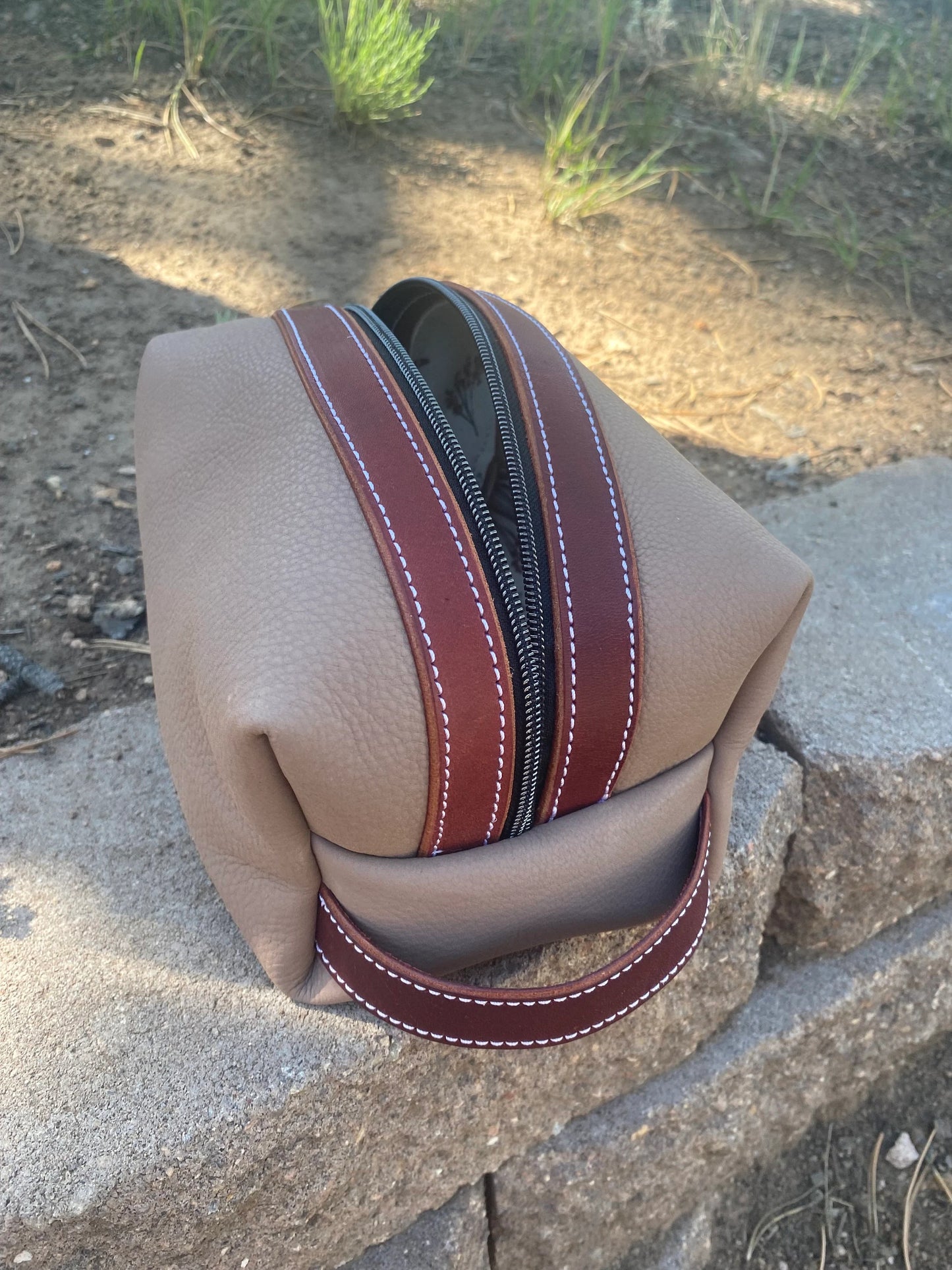 Gender Neutral Beige and Burgundy Leather Dopp Kit