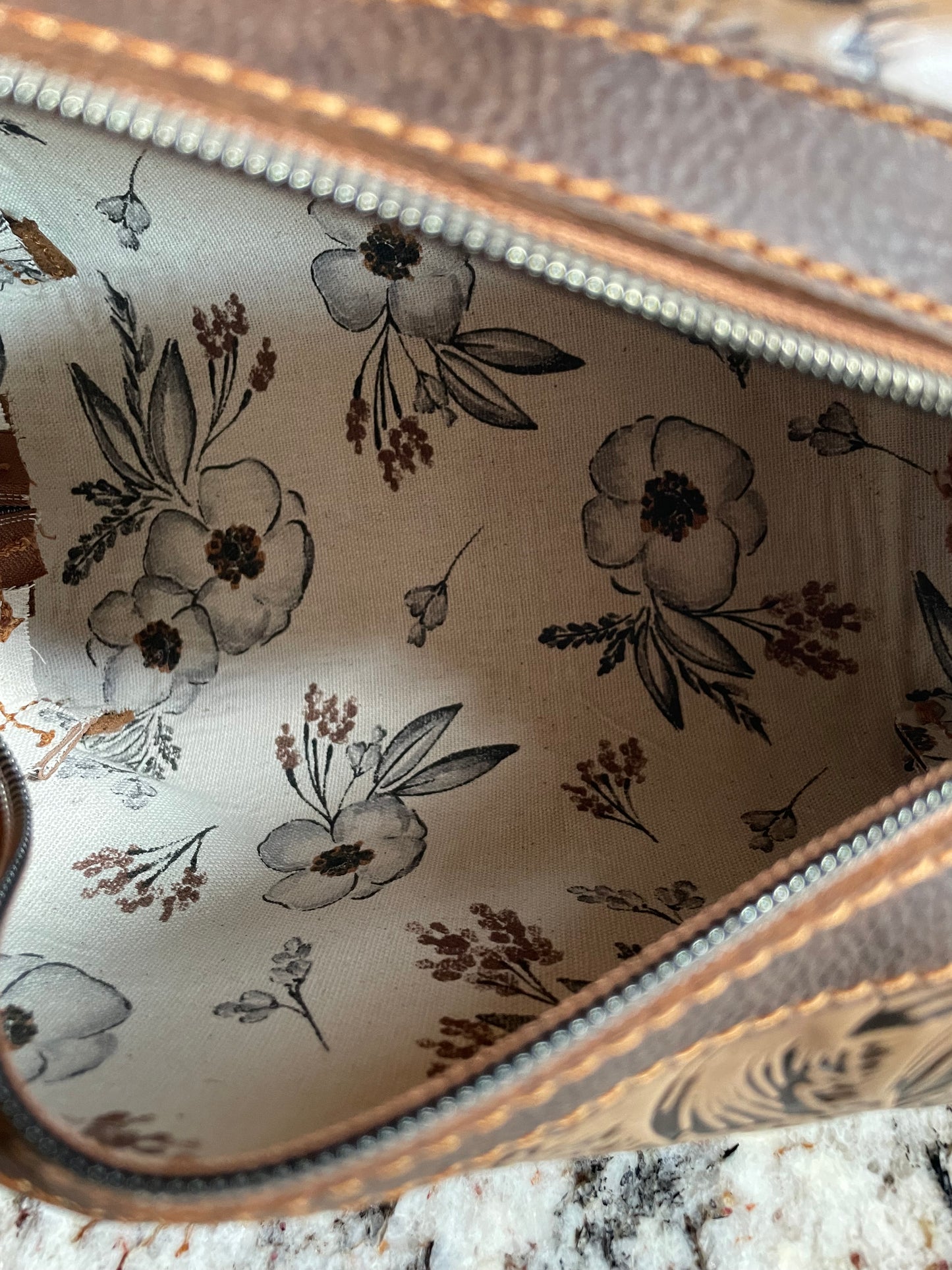 Brown Embossed Floral Leather Dopp Kit/ Makeup Bag - Ready to Ship!