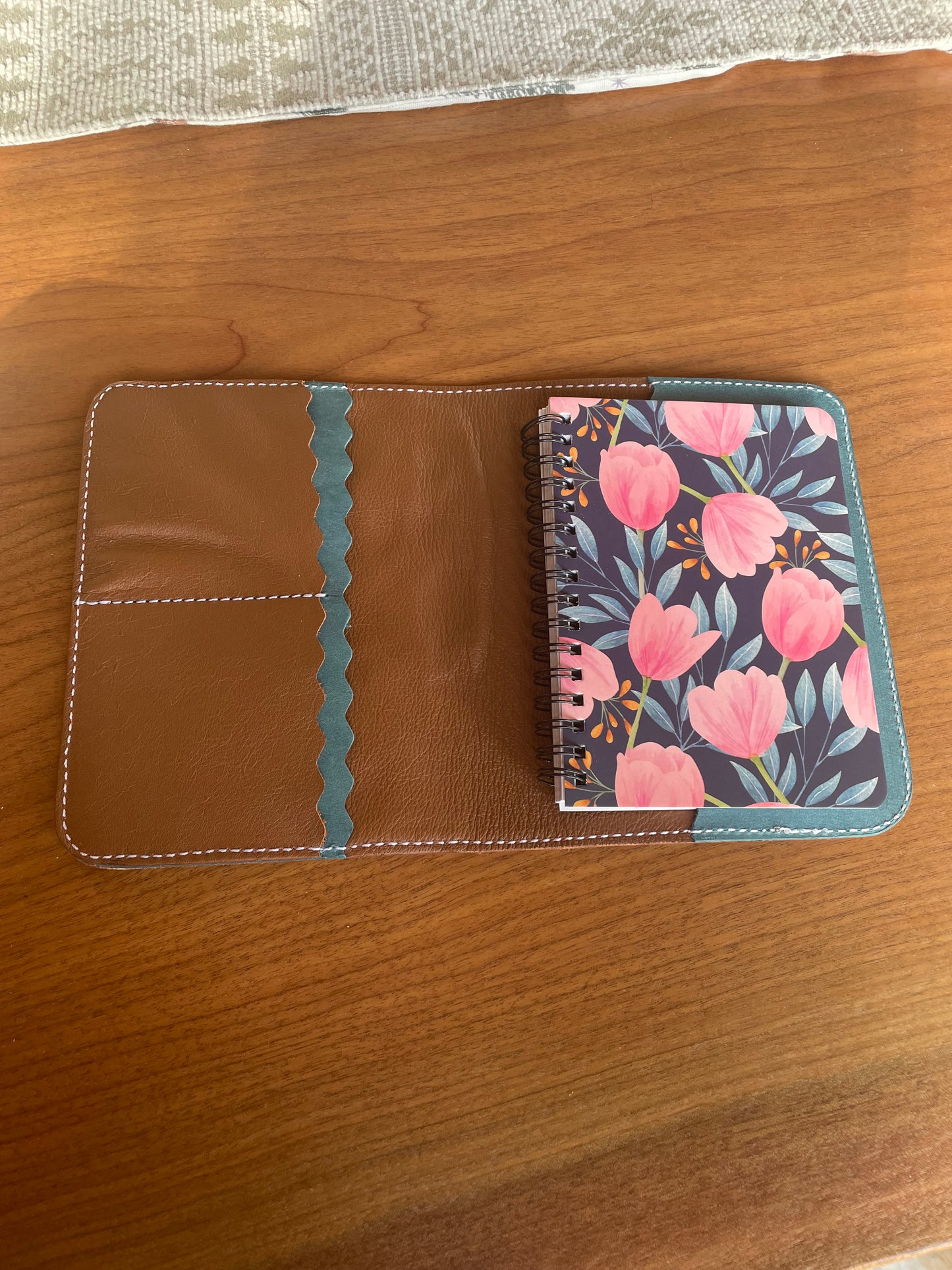 Brown and Turquoise Leather Floral Notebook Cover - Ready to Ship