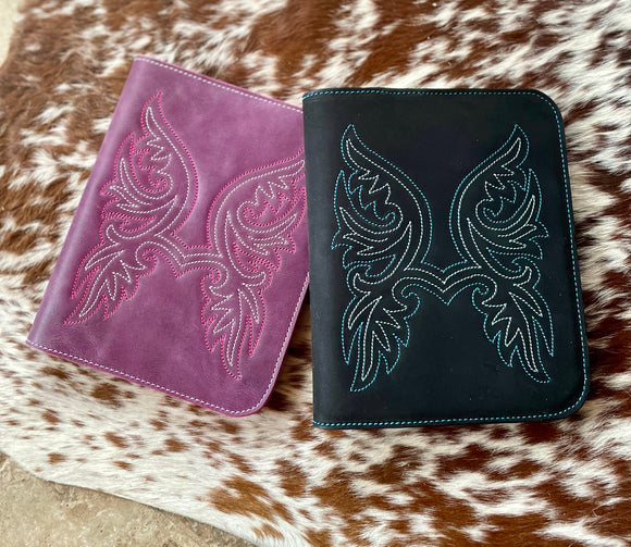 Leather Boot Stitched Bible/Notebook Covers , Purple Or Turquoise - Ready to Ship