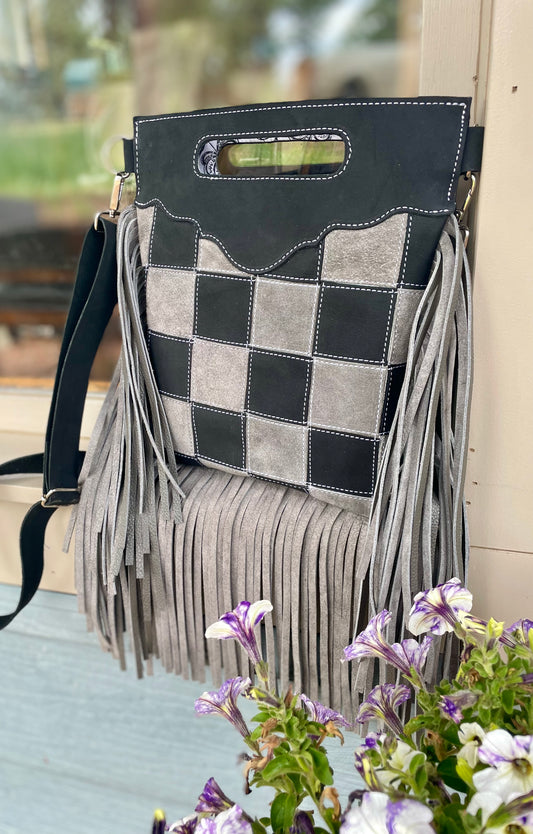Gray and Black Suede Checkered Bag With Fringe