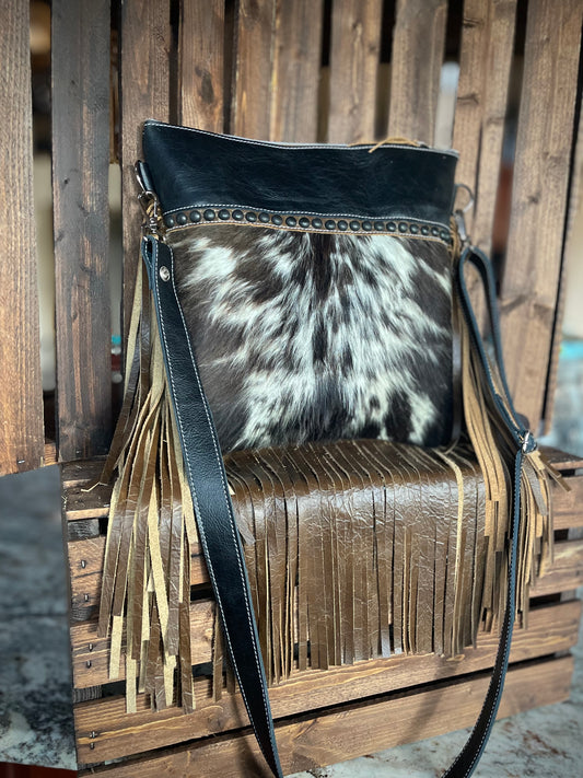 Yuma Crossbody With Fringe - Black and White Cowhide #18