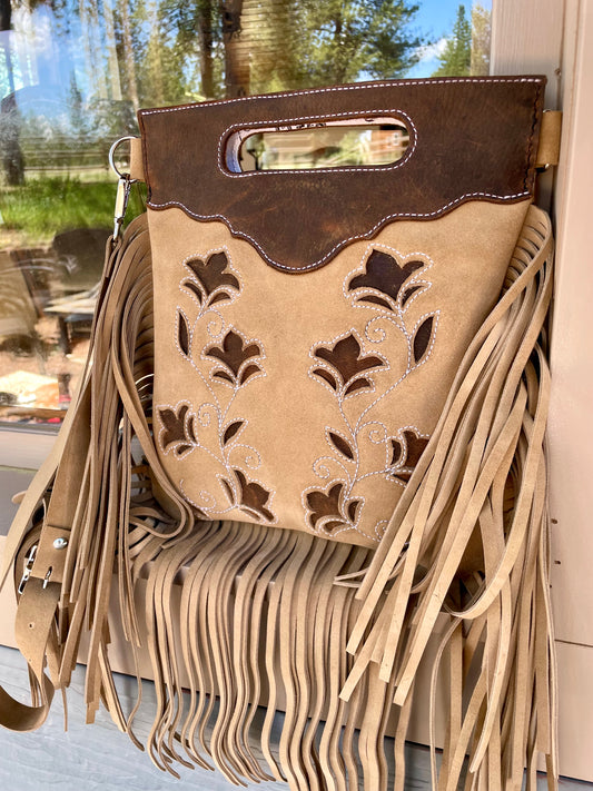 Beige & Brown Suede Crossbody Purse With Fringe