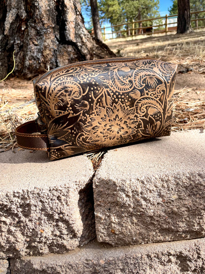 Brown Embossed Floral Leather Dopp Kit/ Makeup Bag - Ready to Ship!