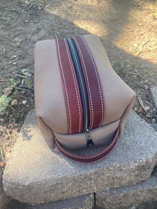 Gender Neutral Beige and Burgundy Leather Dopp Kit