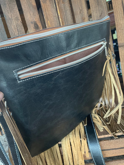 Yuma Crossbody With Fringe - Black and White Cowhide #18