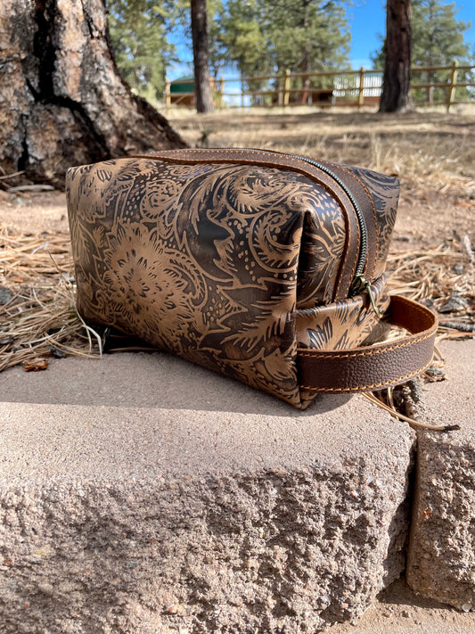 Brown Embossed Floral Leather Dopp Kit/ Makeup Bag - Ready to Ship!