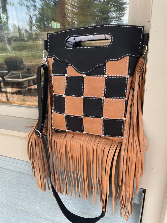 Brown and Black Checkered Leather Crossbody With Fringe
