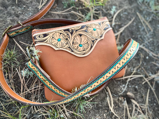 Crossbody Purse- Rust & Turquoise With Tooling