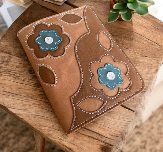 Brown and Turquoise Leather Floral Notebook Cover - Ready to Ship
