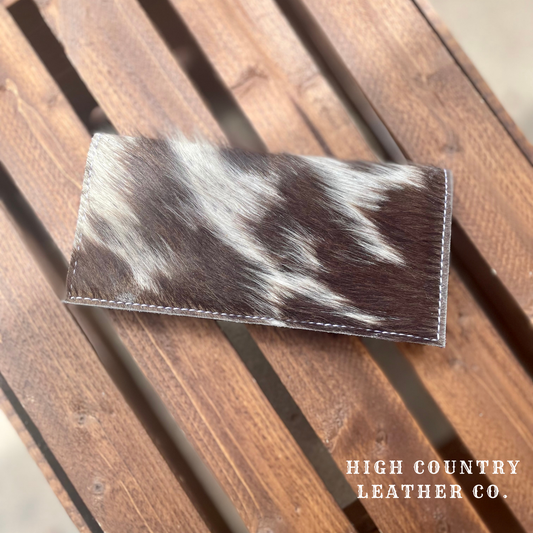 Checkbook Cover 10 - Dark Brown and White Cowhide