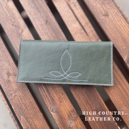 Checkbook Cover 13 - Moss Olive Green With Boot Stitch Embroidery