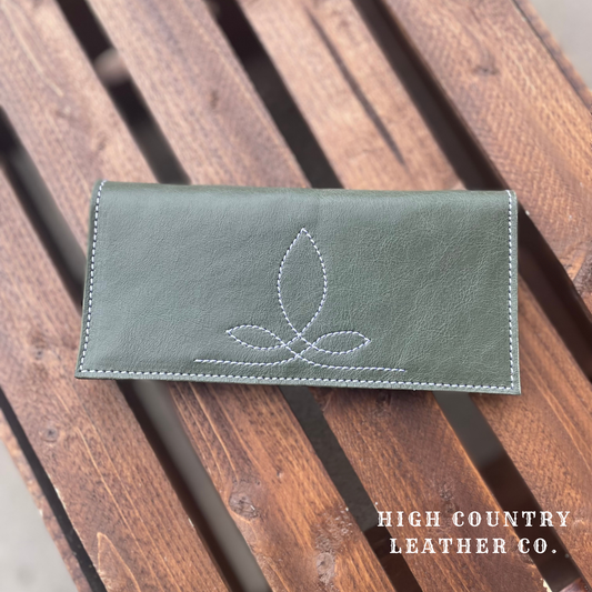 Checkbook Cover 13 - Moss Olive Green With Boot Stitch Embroidery