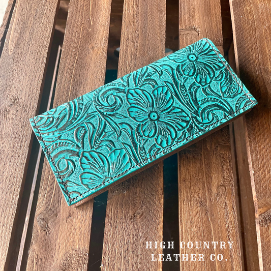 Checkbook Cover 15 - Turquoise Floral Leather