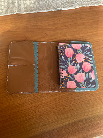 Brown and Turquoise Leather Floral Notebook Cover - Ready to Ship